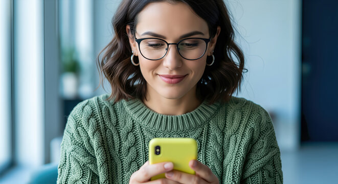 Smiling woman using a smartphone indoors, wearing a green sweater and glasses, showcasing modern connectivity and lifestyle in a softly lit, contemporary setting.