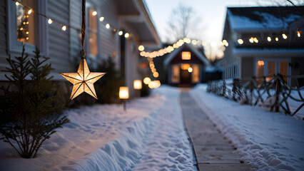 Fototapeta premium Glowing Star Lantern on Snowy Path to Cozy Christmas House