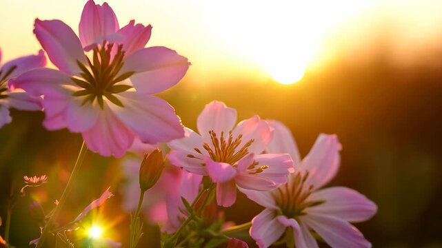 Delicate pink flowers bloom gracefully as the sun rises above the horizon, casting a golden glow on their petals. The vibrant scene captures the essence of a peaceful morning in na