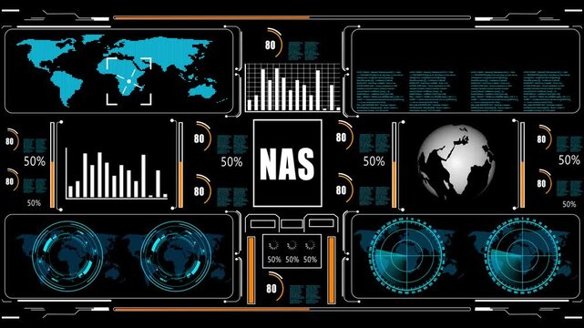 NAS  text animation. Cyberspace HUD elements animation. technology abstract background internet of things animation concepts.