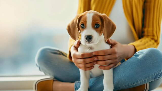 Unconditional bond: A tender moment as gentle hands cradle a charming puppy, highlighting the inseparable bond between human and animal. A touching display of friendship, companionship.