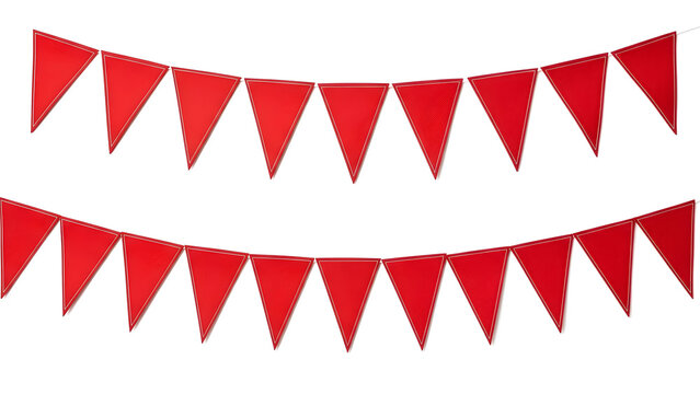 Two rows of red triangular pennant banners hanging against a white background