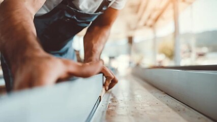 Medium shot of a worker operating a sectional downspout roll forming machine creating durable residential drainage components