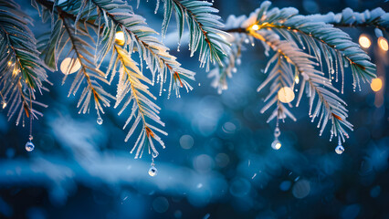 Frosted Evergreen Branch with Twinkling Fairy Lights and Icicles, Dreamy Winter Bokeh