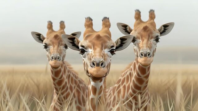 Three Giraffes in the Wild: A captivating view of three majestic giraffes with their distinctive patterned coats stand side by side in a natural environment.