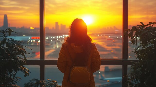 A solitary figure contemplates a vibrant cityscape during sunset. The warm light creates a dramatic silhouette and a sense of peaceful reflection. - Powered by Adobe
