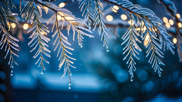 Dreamy Frosted Evergreen Branch, Twinkling Fairy Lights, Icicles & Blue Bokeh