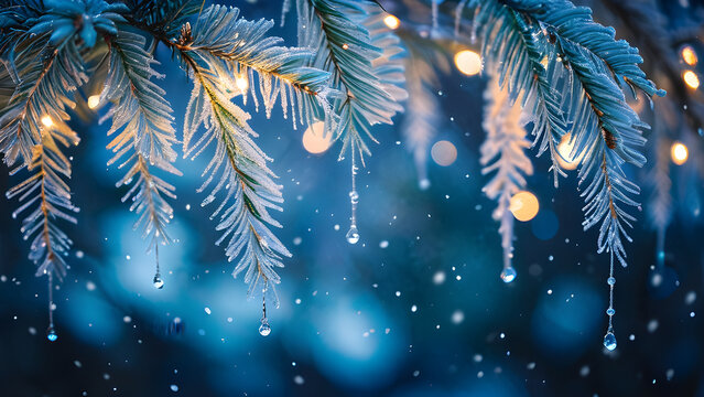 Magical Frosted Evergreen Branch with Twinkling Lights, Icicles & Blue Bokeh