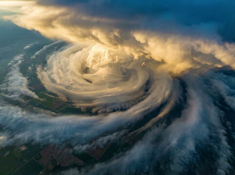 Dramatic aerial view of a powerful, swirling storm cloud formation resembling a hurricane or tornado eye, illuminated by golden light over land.