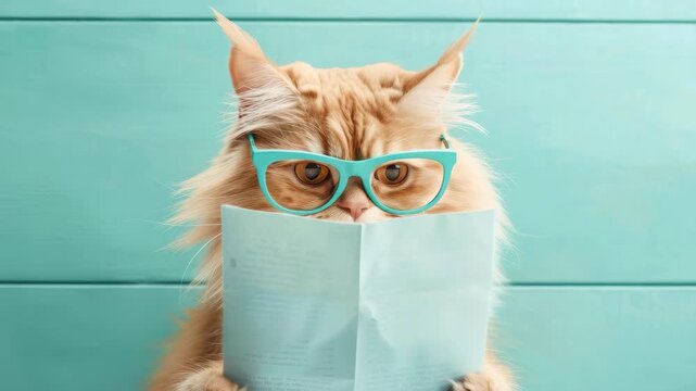 Intelligent Cat: A clever cat wearing glasses and engrossed in reading, showcasing intelligence and curiosity. The scene is set with an emphasis on knowledge and studious nature.