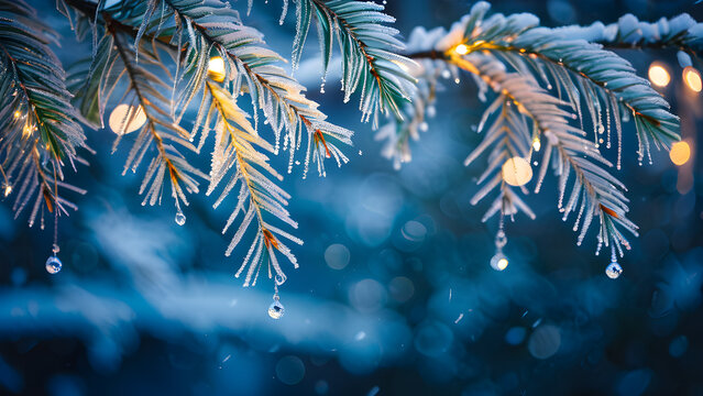 Frosted Evergreen Branch with Twinkling Fairy Lights and Icicles, Dreamy Winter Bokeh - Powered by Adobe
