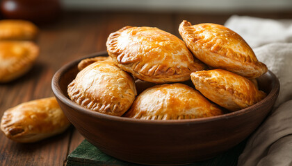 Empanadas in bowl on wooden table