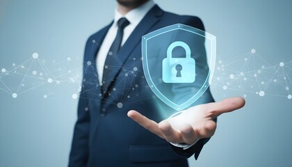 A businessman in a suit presents a glowing digital shield with a padlock icon, symbolizing security and protection.