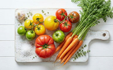 Fresh, colorful heirloom tomatoes and carrots with garlic and herbs on a rustic white cutting board, perfect for healthy cooking and farm-to-table concepts.