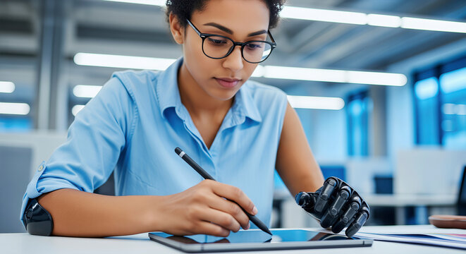 Young woman with a bionic arm drawing on a tablet with a stylus in a modern office, showcasing technology and inclusivity. - Powered by Adobe