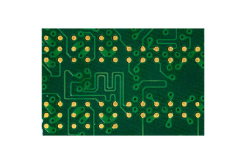 Green printed circuit board fragment with gold pads and copper traces is isolated.