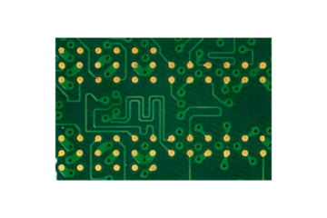 Green printed circuit board fragment with gold pads and copper traces is isolated.