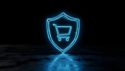 A glowing blue neon shield with a shopping cart icon symbolizing secure online shopping and consumer protection.