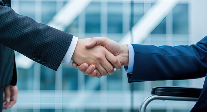 Businessmen shaking hands in front of a modern office building, one sitting in a wheelchair, symbolizing inclusion and partnership in a professional setting.