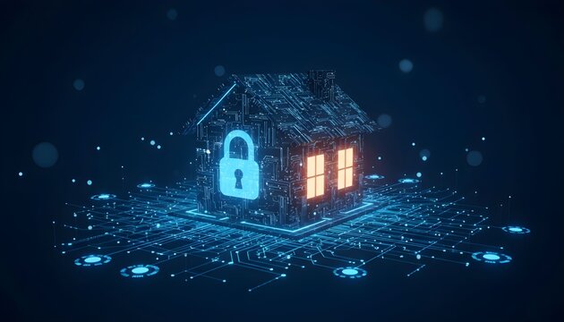 A digital representation of a house secured by a glowing padlock, surrounded by intricate circuit board patterns and glowing nodes.