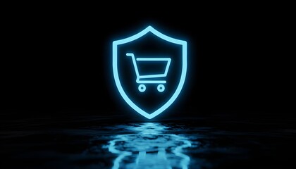 A glowing blue shield with a shopping cart inside, representing secure online transactions.