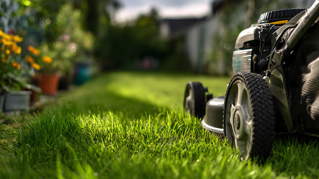 Tonte du gazon dans un jardin pendant un apr&egrave;s-midi ensoleill&eacute; avec une tondeuse.