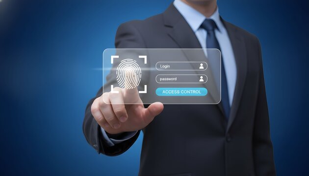 Businessman using fingerprint scanner for secure access control on a digital interface.