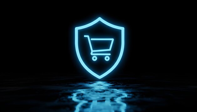 A glowing blue shield with a shopping cart inside, representing secure online transactions.
