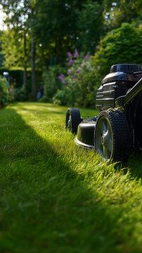 Tonte de la pelouse dans un jardin avec une tondeuse &eacute;lectrique en &eacute;t&eacute;.