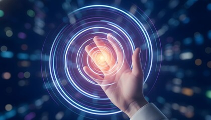 Hand touching a glowing digital interface with swirling blue circles.