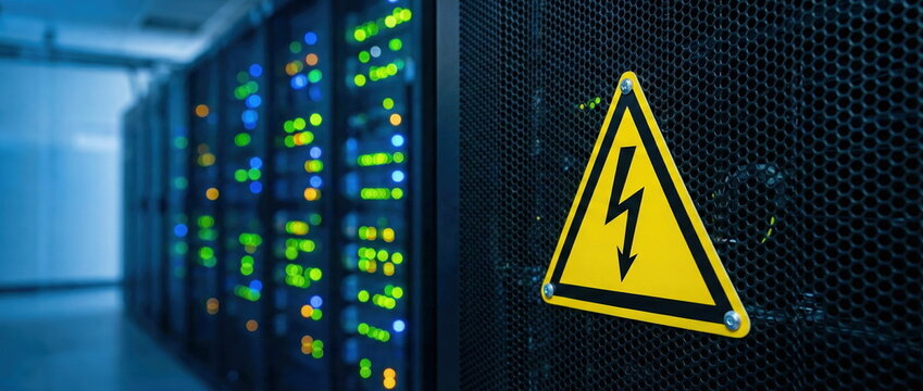 Electrical hazard sign on a server rack in a modern data center with glowing lights, signifying IT infrastructure, data security, and operational safety.