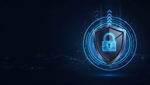 Digital shield with a padlock icon, symbolizing cybersecurity and data protection in a futuristic blue glow.