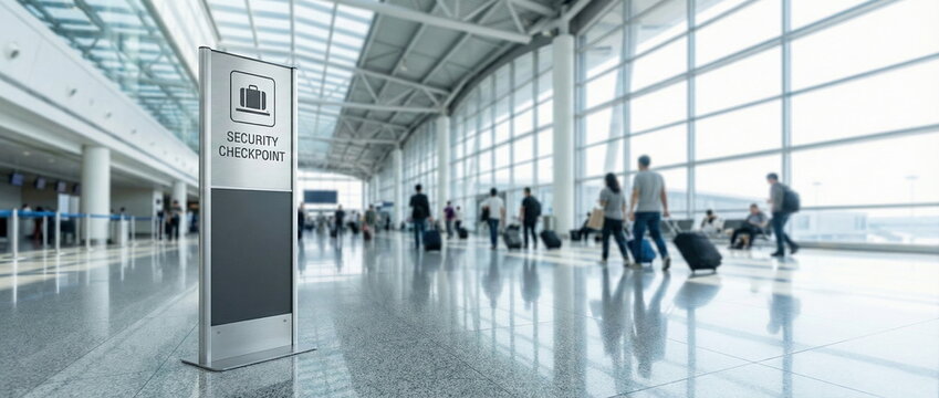Prominent security checkpoint sign in a spacious, modern airport terminal, with blurred travelers and bright windows, emphasizing safety and travel.