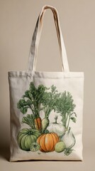 Reusable natural fabric tote bag stands, showcasing vibrant vegetable harvest illustration design.