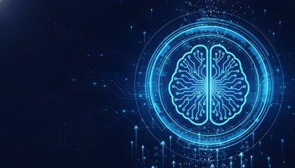 A glowing blue digital brain icon with circuit patterns and data flow on a dark background, representing AI and technology.