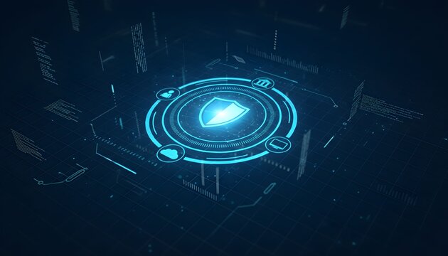 A digital shield icon glows on a circuit board, representing cybersecurity and data protection.