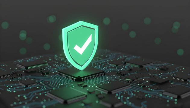 A glowing green shield with a checkmark on a circuit board, symbolizing security. - Powered by Adobe