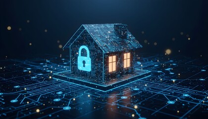 Futuristic smart home security concept showing a digital house with a padlock icon on a circuit board.