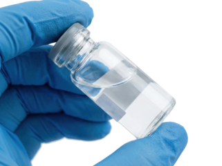 Doctor Hand In Blue Glove Holding Vaccine Glass Vial Medicine