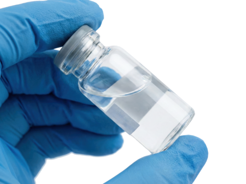 Doctor Hand In Blue Glove Holding Vaccine Glass Vial Medicine