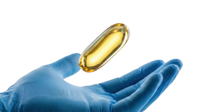 Gloved Hand Catching Golden Oil Capsule Medicine Science Lab