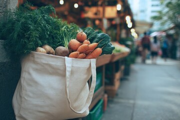 Reusable bag filled with wholesome fresh carrots, potatoes, leafy greens stands at produce market stall.