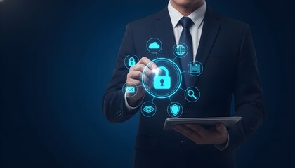 A businessman in a suit using a tablet to interact with a digital security interface.