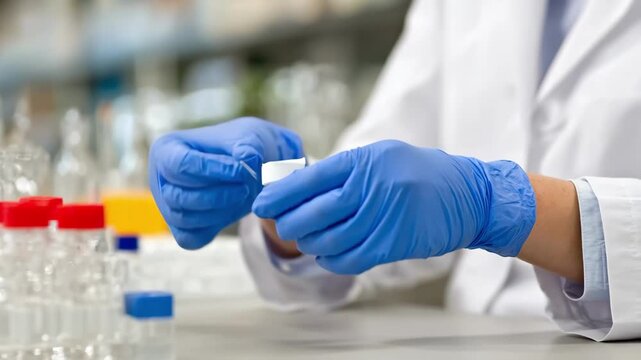 Medium shot of a technician wearing protective gloves carefully handling beryllium material in a controlled lab environment for safety compliance.