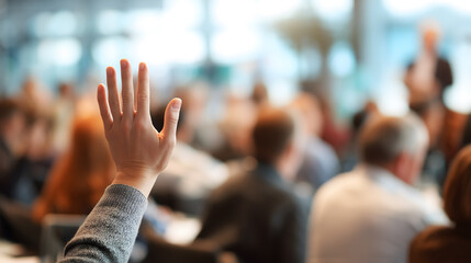 Une personne lève la main pour poser une question lors d'une réunion dans un espace de travail.