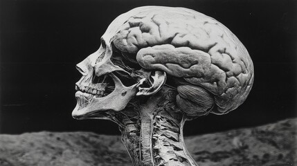 Detailed black and white illustration of a human skull, focusing on its textured surface and cerebral hemispheres.