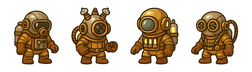 Retro diving characters set, steampunk helmets and gear