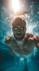 Un homme nage sous l'eau dans une piscine.