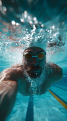 Homme nageant sous l'eau dans une piscine.