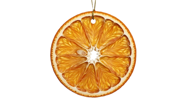 Festive dried orange slice ornament radiating warmth and holiday cheer, a simple touch of nature for cozy winter celebrations, evokes nostalgic memories